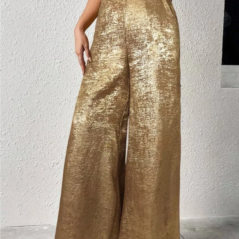 Golden Wide-Leg Metallic Palazzo Pants - Picture 8 of 9